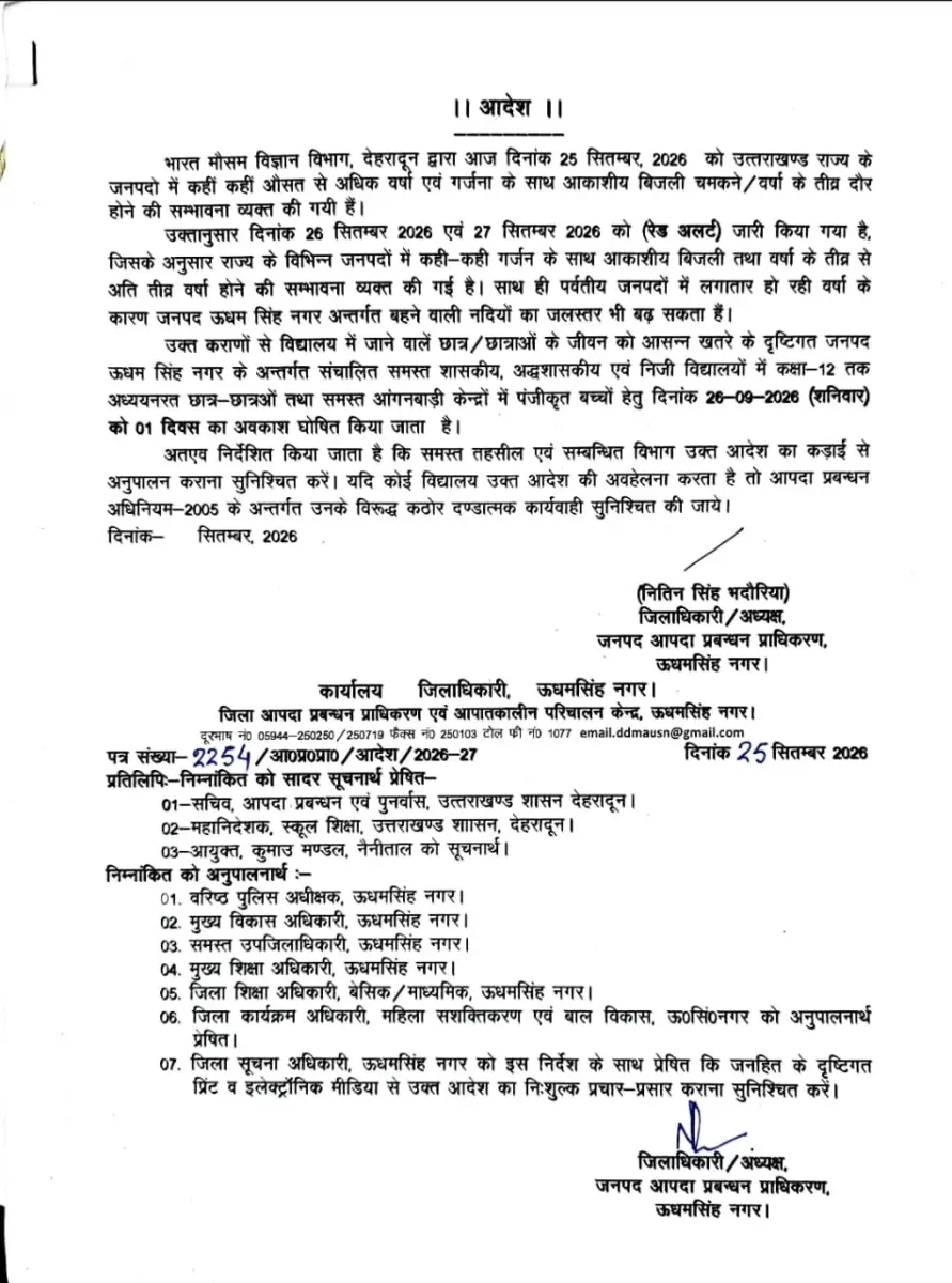 भारी बारिश और बिजली चमकने के अलर्ट के बीच 26 सितंबर को स्कूल बंद